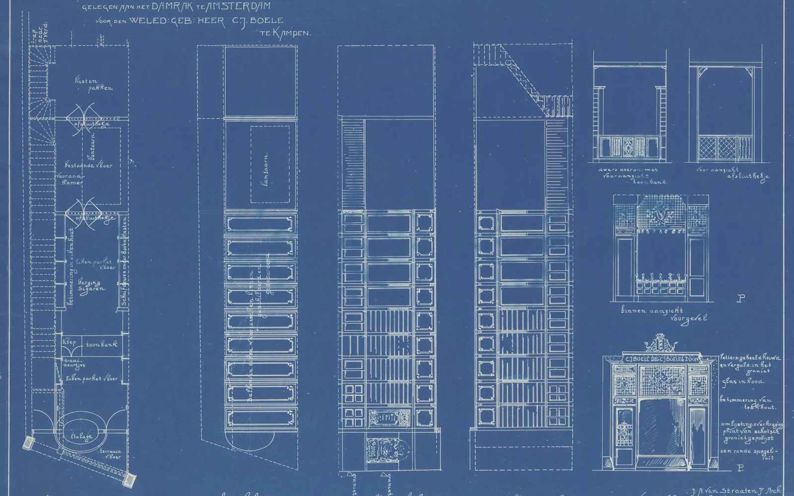 A hand-lettered cyanotype blueprint of a building renovation, white linework on Prussian blue